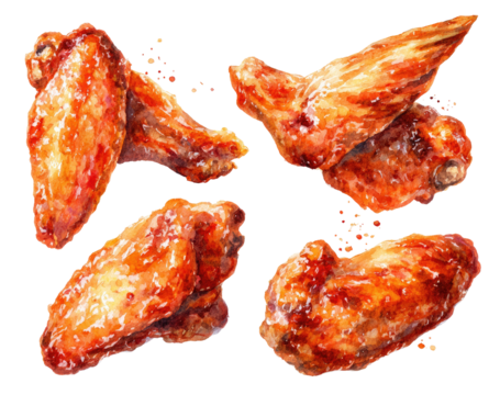 Four crispy, glazed chicken wings arranged in a grid pattern.  