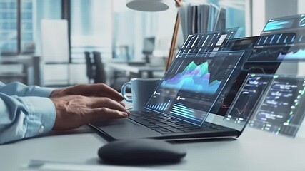 Hands typing on a laptop with overlaid data visualizations in an office setting - Powered by Adobe