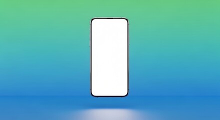 Modern smartphone with blank screen floats against a vibrant blue and green gradient background.