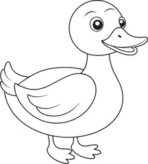 Cartoon duck outline illustration in black and white featuring friendly bird design perfect for coloring and learning projects