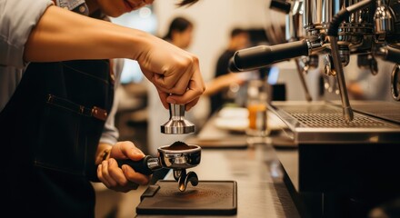 Barista tamping coffee grounds in a portafilter with a stainless steel tamper at a cafe