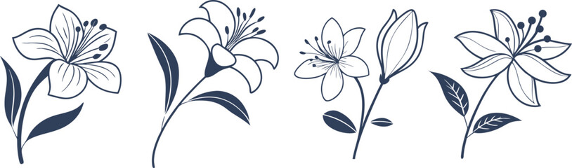 Hand-drawn floral blossom illustration with delicate petals and botanical outline style. Elegant spring flower sketch perfect for design, invitations, patterns, and creative decoration. Minimal line 