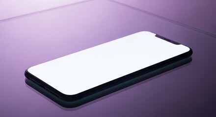 Sleek modern smartphone with bright blank screen on reflective purple surface