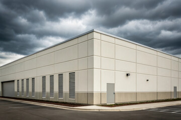Modern industrial building under dramatic stormy skies