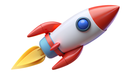 Red and white 3D cartoon rocket ship blasting off