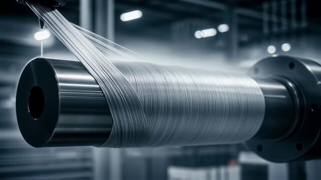 Side view of a rotating mandrel being gradually coated with composite fibers during cryogenic tank fabrication in aerospace manufacturing.