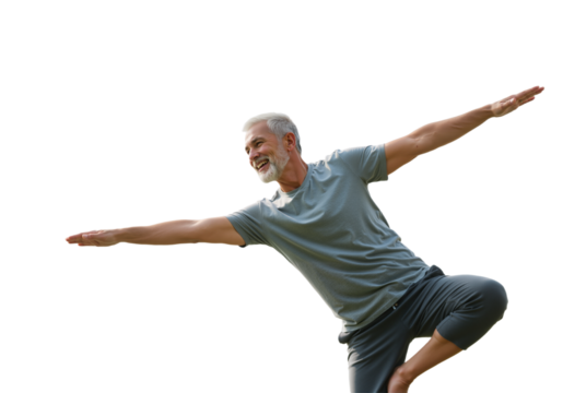 A healthy senior man with a cheerful smile displays impressive balance in a dynamic pose, embodying an active lifestyle and overall well-being.