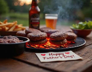 Father Day barbecue feast with burgers grilling outdoors. Enjoying a summer evening with family and friends, sharing laughter and good food. A special tradition of togetherness and memorable moments.