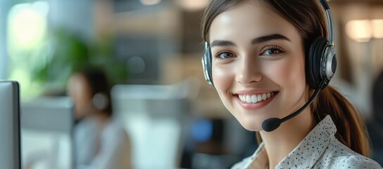 Close up of smiling call center support agent wearing headset in office environment, representing customer service, technical support, communication, and business assistance for clients