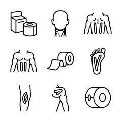 Elastic therapeutic tape. Kinesiology tape icons set. Muscles swelling and pain reduction. Joints and ligaments support. Isolated vector illustration