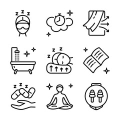 Sleep Hygiene And Wellness icons set. Tips better sleep signs. Promoting relaxation and better sleep through mindful habits and routines