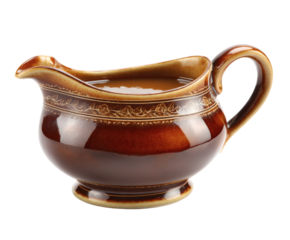An elegant ceramic gravy boat filled with delicious, rich brown gravy.