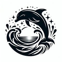 Obraz premium Silhouette of a dolphin leaping through stylized ocean waves with stars