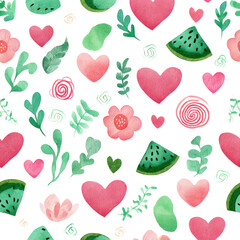 A repeating pattern of hearts, watermelons, flowers, and leaves in soft colors