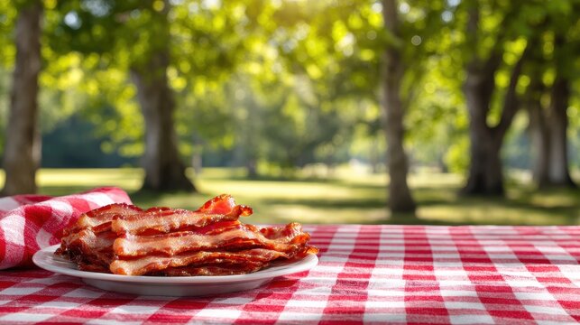 Bacon is served on a white plate on a checkered tablecloth in a lively outdoor park during daytime
