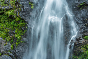 Beautiful waterfall in a tropical rainforest in a magical environment. Silk effect water in long exposure in the colombian jungles