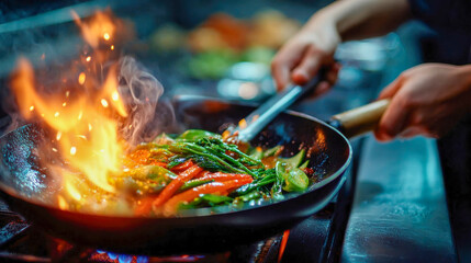 Fresh vegetables sizzling in a flaming wok in a professional kitchen