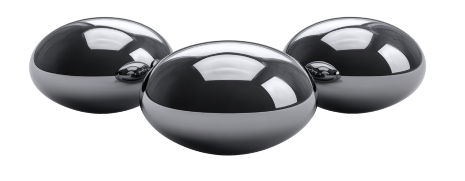 Three shiny, dark gray spheres arranged in a horizontal row