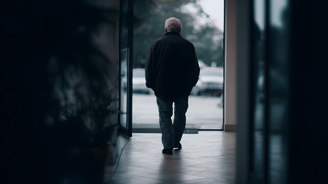 Elderly man walking alone in a pensive indoor hallway - Powered by Adobe