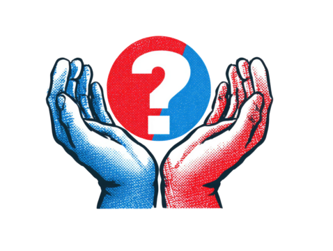 Two hands, colored blue and red, hold a divided circle with a question mark