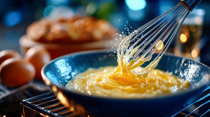 Whisk mixing creamy batter with eggs and sugar in a bowl, ingredients splashing mid-motion