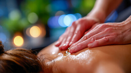 Naklejka premium Hands applying oil during a relaxing back massage in a spa setting