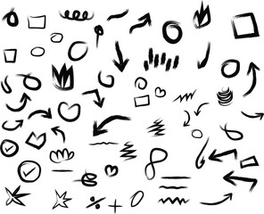 Line shape marker underline, arrow, heart brush element set. Hand drawn sketch marker underline shape, arrow, heart scribble brush pen stroke element. Crown, love graphic icon. Vector illustration