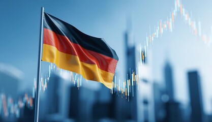 German flag with black red yellow stripes waving on flagpole, upward trending white stock market charts and financial graphs overlaid on blue sky - Powered by Adobe