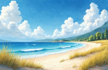 Obraz premium Watercolor illustration of serene beach landscape under bright blue sky with fluffy white clouds. Gentle waves wash ashore on sandy beach lined with tall dry grass, distant green hills. Small red