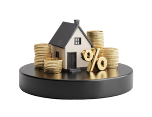 A small, stylized house sits atop stacks of gold coins, with a gold percentage symbol beside it on a dark circular platform