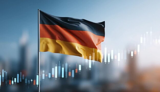 German flag with black red yellow stripes waving on flagpole, upward trending white stock market charts and financial graphs overlaid on blue sky - Powered by Adobe