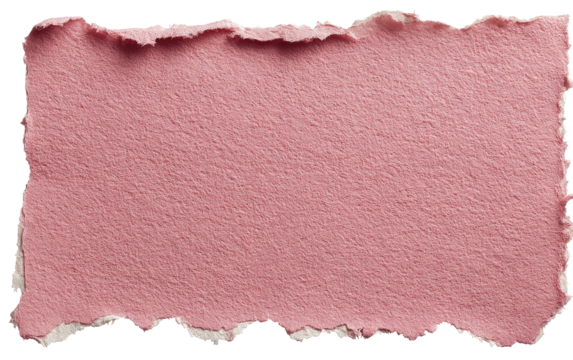 A torn piece of light pink paper.  It's rectangular with uneven, jagged edges.  The paper's surface is smooth and slightly textured