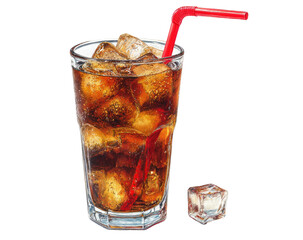 Iced cola drink in a glass with ice cubes and a red straw