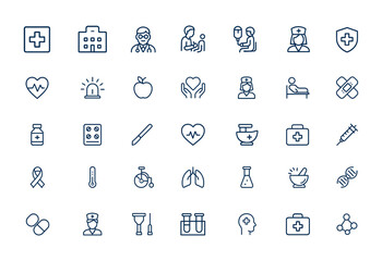 Healthcare linear outline icon set: medical, hospital, ambulance, doctor, patient, treatment, blood transfusion, health, care, heartbeat, emergency, wellness, clinic, nurse and more.