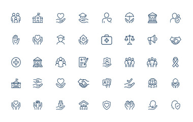 Linear outline icons for social policy, family, education, social services, health care, insurance, legislation, protection of rights, society, public welfare, community support, vector illustration