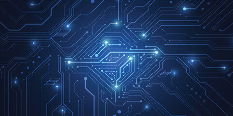 Technology Semiconductor on Blue Background. Abstract digital tech bg. Electronics and computer technology concept. Chip and circuit board. Vector illustration.
