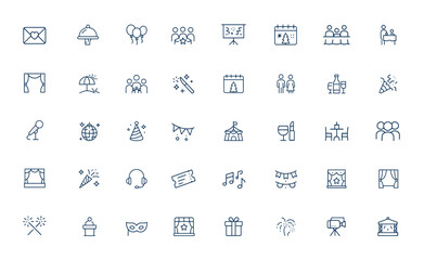 Linear outline icons for event planning and organization: invitation, catering, celebration, decoration, holiday, guests, entertainment, party, festival, gathering, vector illustration and more.