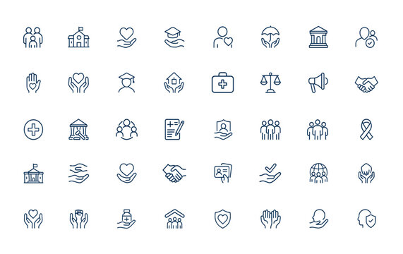 Linear outline icons for social policy, family, education, social services, health care, insurance, legislation, protection of rights, society, public welfare, community support, vector illustration