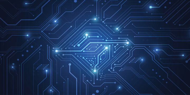 Technology Semiconductor on Blue Background. Abstract digital tech bg. Electronics and computer technology concept. Chip and circuit board. Vector illustration.