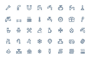 Plumbing and heating line icons. Vector outline pictograms of plumber tools, pipes, boilers, taps, meters, toilets, gas wrench, heated floor systems, water repair, HVAC symbols, service and more.