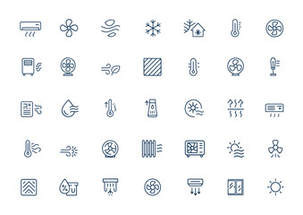 Linear outline icons of air conditioner, fan, wind, cooling and heating appliances, air cleaner, climate control, ventilation, blower, modern design, HVAC symbols and more.