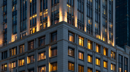 Obraz premium Modern Luxury High-Rise Building Exterior at Dusk, Warmly Lit Windows, Elegant Architectural Detail, Cityscape Background.