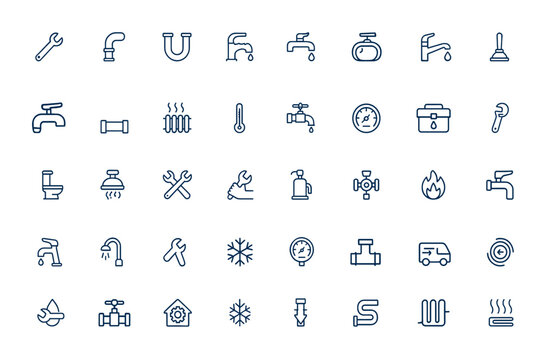 Plumbing and heating line icons. Vector outline pictograms of plumber tools, pipes, boilers, taps, meters, toilets, gas wrench, heated floor systems, water repair, HVAC symbols, service and more. - Powered by Adobe