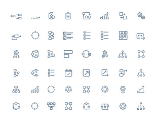 Linear workflow icons in outline style. Process, productivity, activity, organization, sequence, gear, template, block, scheme pictogram vector illustration, business and more.