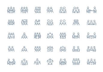 Linear meeting icon collection. Business conference, planning, presentation, discussion, and conversation symbols. Outline vector icons in a clean linear style, pictograms, teamwork and more.