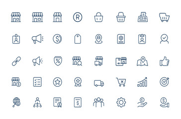Linear outline icon for chain store business. Franchise, retail market, brand, trademark, consumer goods, public catering, distribution, commerce, shopping, trade, vector illustration and more.