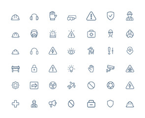 Labor protection and work safety icons in linear outline style. Includes hard hat, ear protection, gloves, protective glasses, safety training, hazard, compliance, PPE, vector, illustration and more.