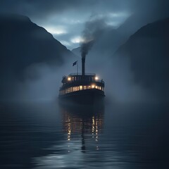 A vintage steamboat glides through a misty mountain cove at night
