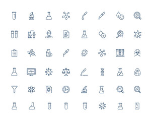 Laboratory icons line art set. Outline vector pictograms test tube, microscope, flask, molecule, chemical experiment, lab technician, biology sample, research, science, analysis, medical and more.