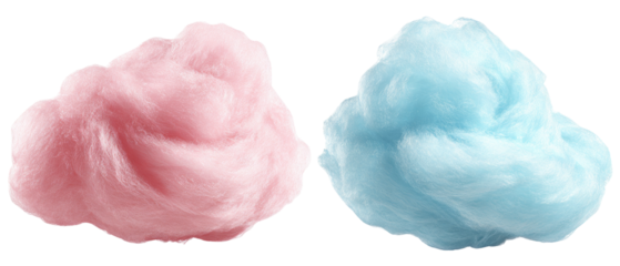 Two fluffy, cloud-like cotton candy swirls, one pink, one blue